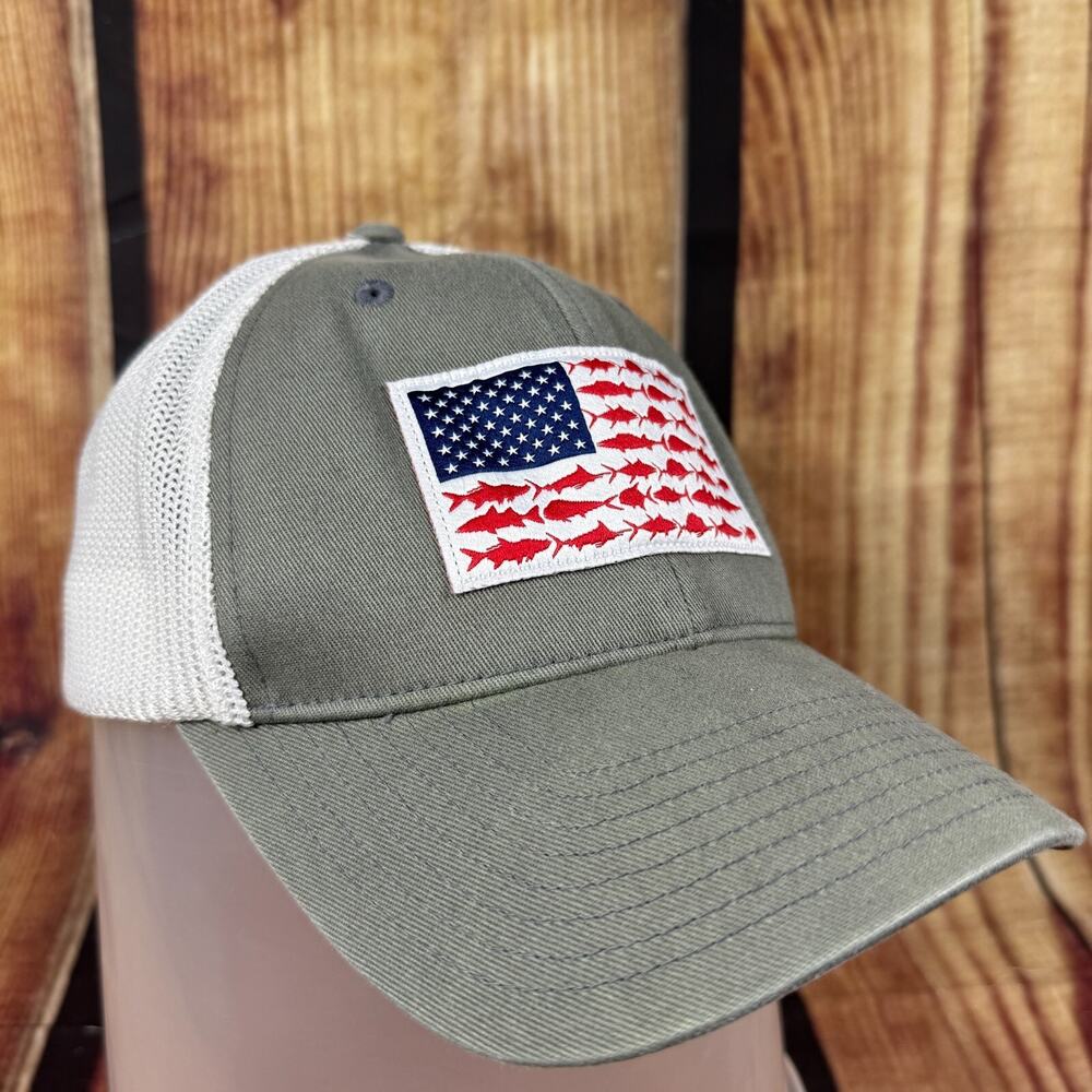 Columbia PFG Hat L/XL Gray White American Flag Patch Fish FlexFit Mesh Ball Cap